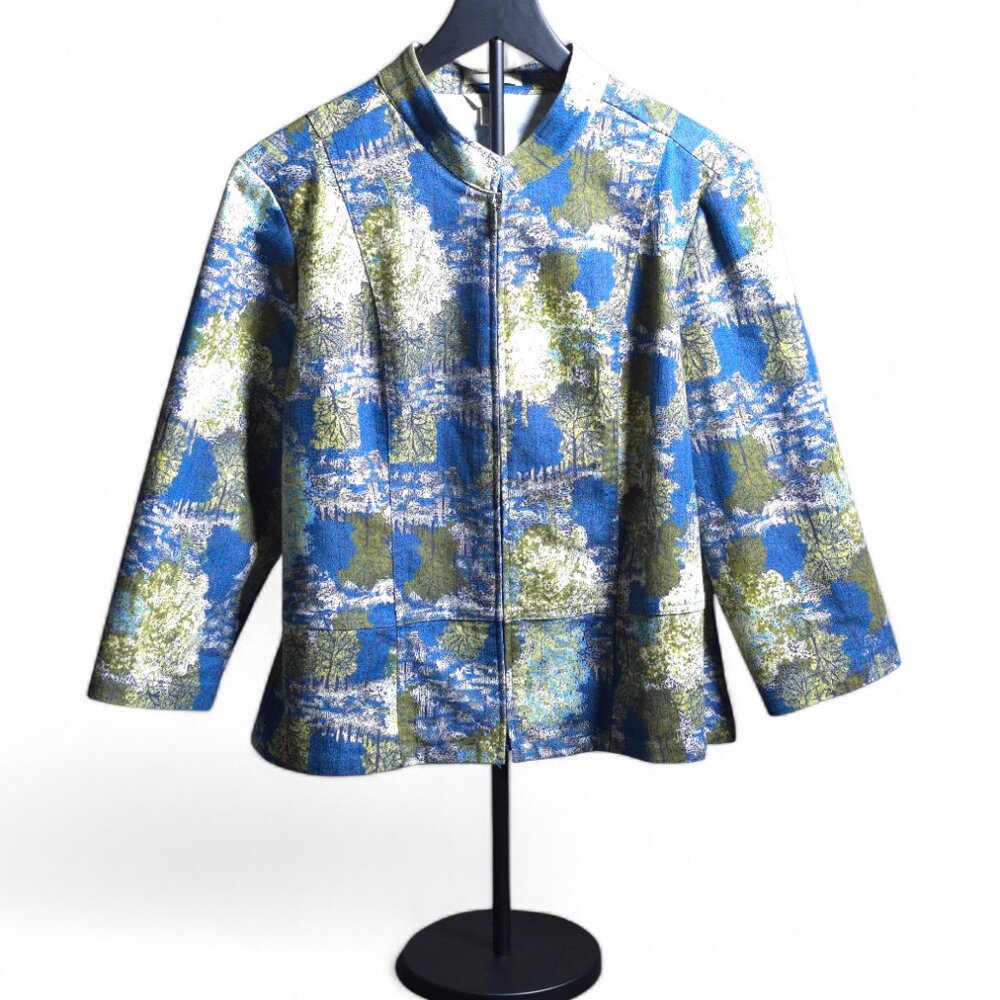 Christopher Banks Floral Jacket Womens L Blue Green Zip Front Cotton Art Teacher